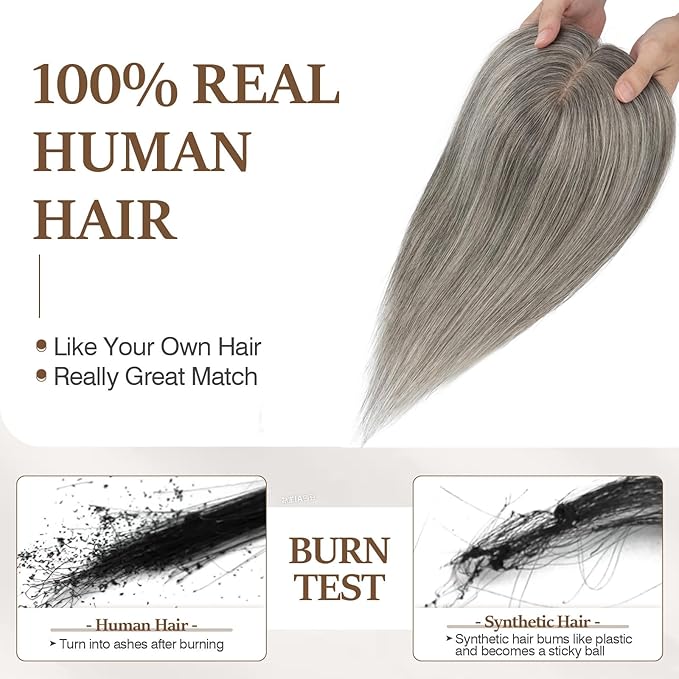 Rich Choices Hair Toppers for Women Real Human Hair 100% Human Remy Toppers NO Bangs for Women with Thinning on Top Clip in Hairpiece 4"x4.7"Lace Base 12 Inch Salt and Pepper G2 Sliver
