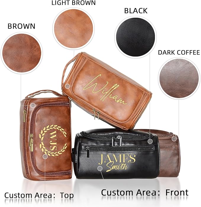 Personalized Toiletry Bag for Men, Engraved Name Initials Toiletry Bag, Customized Monogram Travel Shaving Dopp Kit for Groomsmen, Gift for Christmas, Birthday, Dad, Husband (Brown)