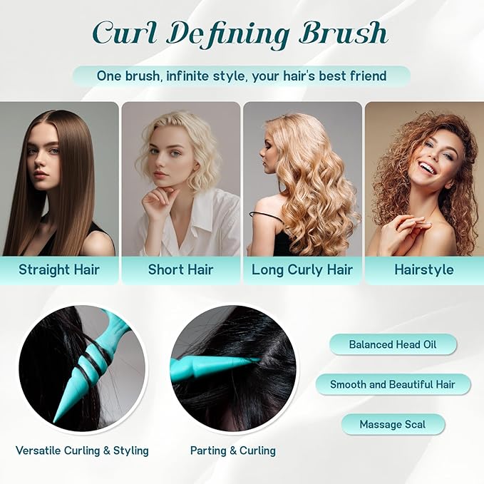 Curly Hair Brush, 5-in-1 Detangling & Curl Defining Brush for Curly Hair Wet or Dry, Shaping & Styling Brushes with Less Pulling for Women & Men (Teal)