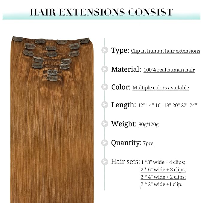 DOORES Human Hair Extensions Clip in, Medium Auburn 16 Inch 7pcs 120g, Remy Thick Natural Silky Straight Extensions for Women