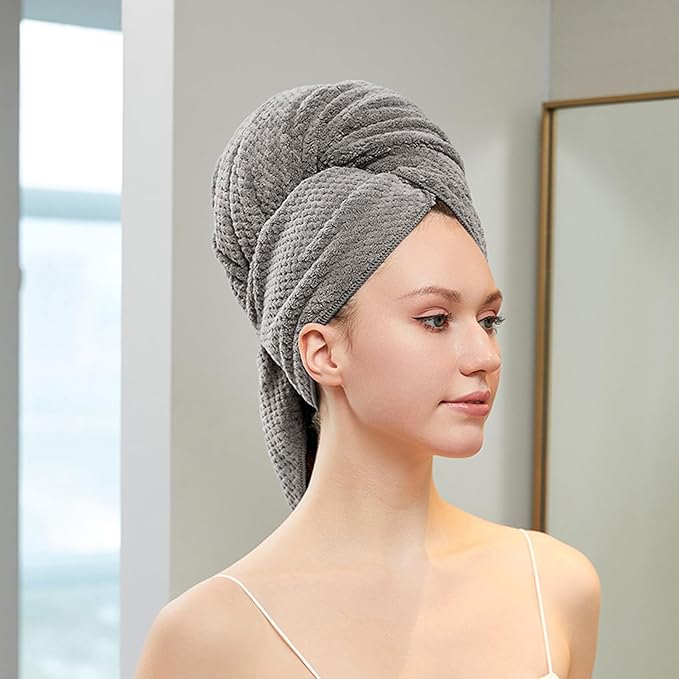 Women Microfiber Hair Towel Wrap with Elastic Strap,Super Absorbent Anti Frizz Drying Turban for Curly, Long,Wet Hair- Grey