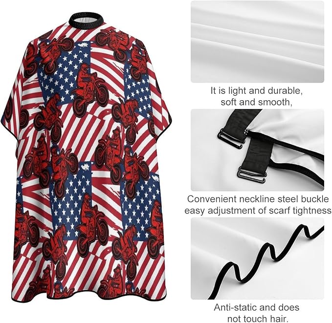Unisex Motorcycle Motocross Dirt Bike American Flag Hair Styling Cape, Lightweight Salon Cape Apron for Home Stylists, Haircut Tools