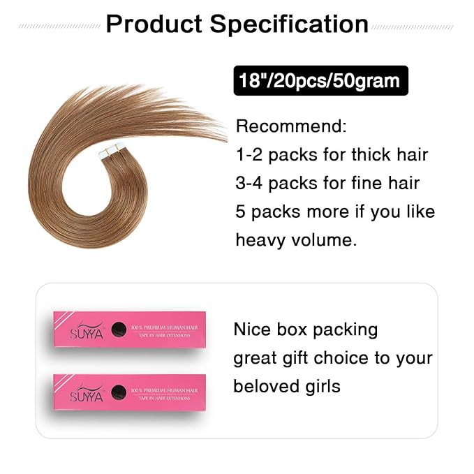 SUYYA Tape in Hair Extensions Human Hair Light Brown 18 inches 50g 20pcs Straight Seamless Skin Weft Tape in Human Hair Extensions(18 inches #8 Light Brown)