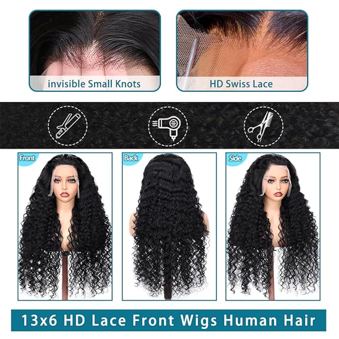 SOSATISFY 32 Inch 13X6 Deep Wave Lace Front Wigs Human Hair 200 Density Glueless Curly Human Wigs for Women 13x6 HD Transparent Lace Frontal Wigs Pre Plucked with Baby Hair Natural Color