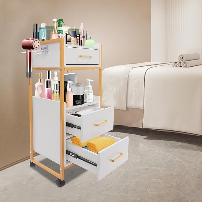 Beauty Salon Tool Organizer, Salon Trolley with Lockable Wheels Barber Cart, Make-Up Organizer Beauty Equipment Storage Trolley with Hair Dryer Rack for Spa, Barber Store, Beauty Salon (Gold, White)