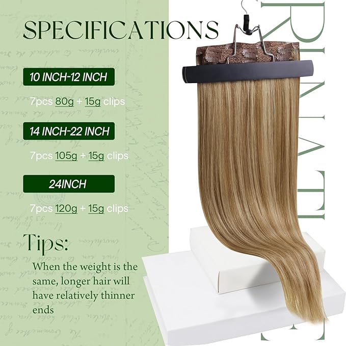 RUNATURE Clip in Hair Extensions Real Human Hair 150g 7pcs Dark Blonde Clip in Hair Extensions 24 Inch Long Straight Hair Can Be Styled #10P16 Dark Blonde Highlight Caramel Blonde