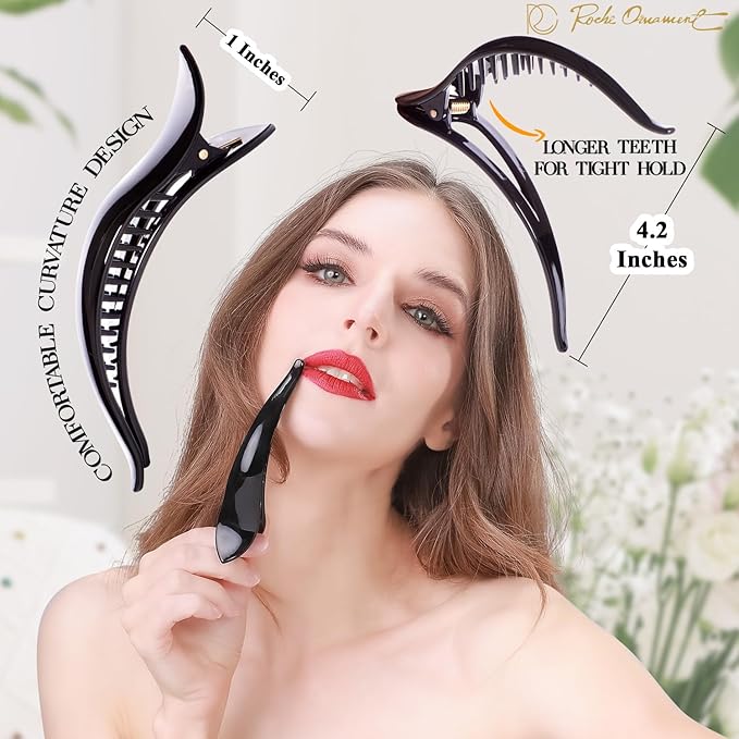 RC ROCHE 6 Pcs Duck Bill Alligator Hair Clips for Women Sectioning Flat Claw Long Thick Hair Inner Teeth Curved Styling Jaw Strong Secure Grip Salon, Large Black