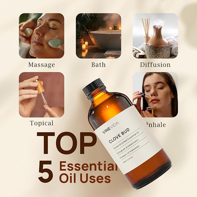 VineVida Clove Bud Essential Oil, 4 oz - Undiluted, DIY Candle Scents, Bulk for Soap Making, Safe for Skin