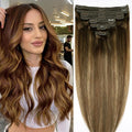 Straight Clip In Hair Extensions Real Human Hair 8Pcs Clip In Balayage Chocolate Brown to Caramel Blonde Human Hair Extensions with 18Clips Lace Weft 120g 18inch #4/27/4