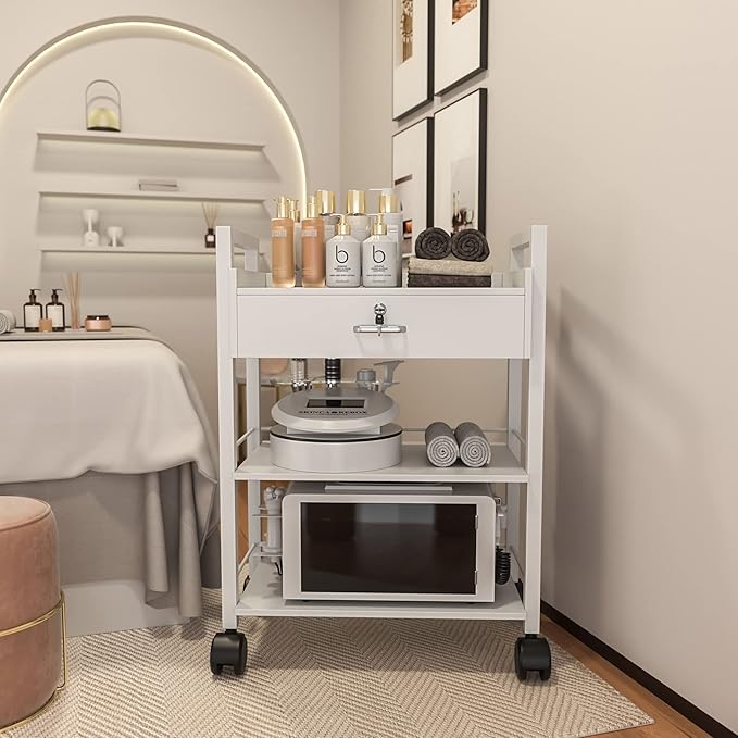 Paddie Salon Beauty Cabinet Cart Trolley 2-Layer Rolling Storage Drawer Organizer Wheels Lockable Tool Salon Station Barber Stylist Equipment Makeup Spa Cart (White-3 Layer)