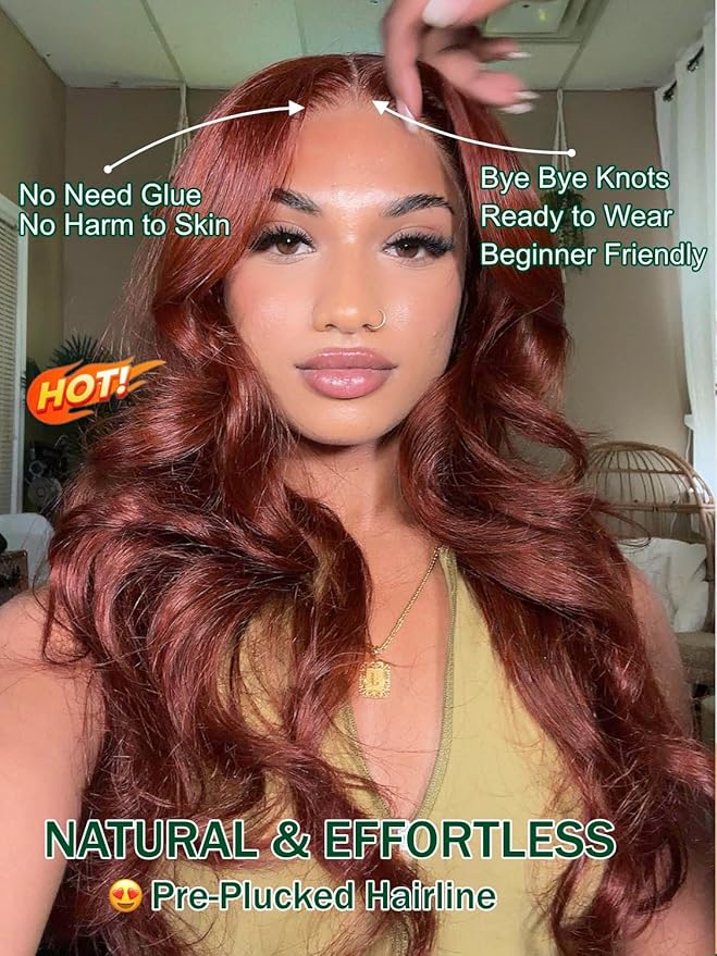 KLAIYI Bye Bye Knots Glueless Wig Reddish Brown Body Wave 7x5 Pre Cut HD Lace Front Wigs Human Hair Put On And Go Wig Pre Bleached Pre Plucked with Baby Hair 30S Ready To Wear 150% Density Full 18Inch