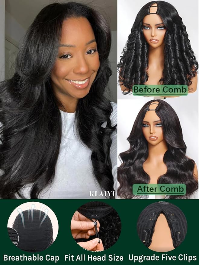 KLAIYI EasiContour V Part Wig Human Hair Body Wave Glueless Upgrade U Part Wig No Leave Out No Gel Clip in Half Wig V Shape Pull and Go Beginner Friendly Ready to Wear Natural Black Color 150% 26Inch