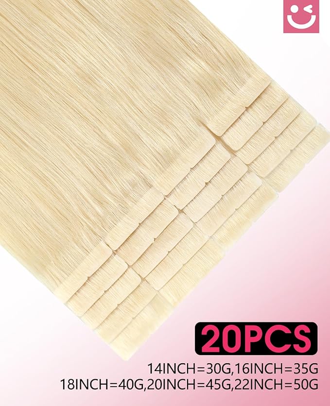 Youngsmile Injection Tape in Hair Extensions Human Hair #60 Platinum Blonde Invisi Edge Extensions 20pcs 50g 22 Inch Injected Tape in Hair Extensions Real Human Hair Tape ins (#60,22'')