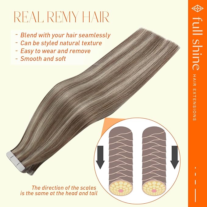 Full Shine Soft Remy Tape in Human Hair Extensions 20Inch Color 8 Ash Brown Highlighted 60 Platinum Blonde Real Hair Extensions Tape ins Add Length 50G 20Pcs for Women