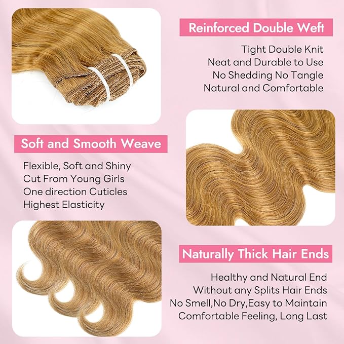 Clip in Hair Extensions Real Human Hair Body Wave 27 Honey Blonde Clip in 100% Brazilian Remy Human Hair Extensions 8pcs Per Set with 18 Clips Double Weft 16 Inch 90g/3.6oz