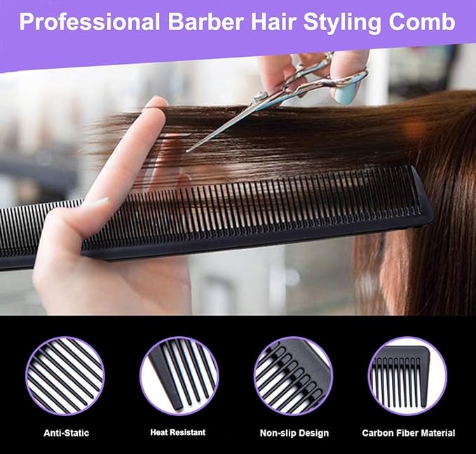 3 Pack Carbon Fiber Cutting Comb - Professional 8.15' Styling Comb for All Hair Types, Fine and Wide Tooth