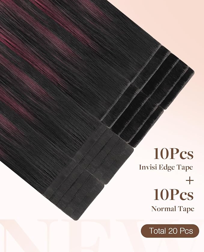 GOO GOO Invisi Edge Tape in Hair Extensions Human Hair, 1/99 Balayage Jet Black to Red 10pcs injected with 10pcs classical tape ins, 18inch 50g, Virgin Remy Hair, Natural Look