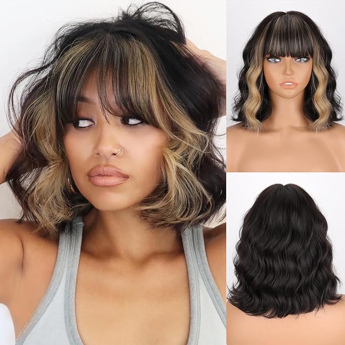 MISSQUEEN Black Blonde Wig with Bangs Short Highlights Curly Wig Heat Resistant Synthetic Fibre Wigs for Women Girls Daily Party Holiday Festival Chrismas Used