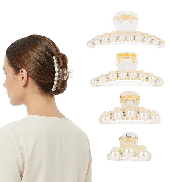 Hair Clips for Women & Girls, Strong Hold Non Slip Hair Barrettes, Elegant Pearl Crystal Rhinestone Hair Claw Clips, Party Wedding Hair Accessories Christmas Gift for Wife Thick Thin Hair (4 PCS)