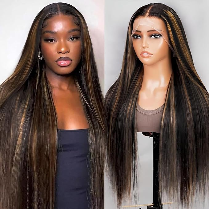 Ombre Lace Front Wig Human Hair 1B/30 Highlight Straight Wigs 13X6 Transparent Lace Frontal Glueless Wigs Honey Blonde Colored Human Hair Pre Plucked for Women 30inch