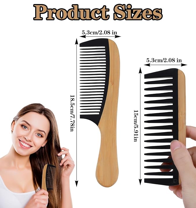 2Pcs Bamboo Wide Tooth Comb, Bamboo Fine & Wide Tooth Comb Anti-Static for Thick & Wavy Hair for Men Women Durable Eco-Friendly Natural Wood Finish, Ideal for Detangler Frizz Control