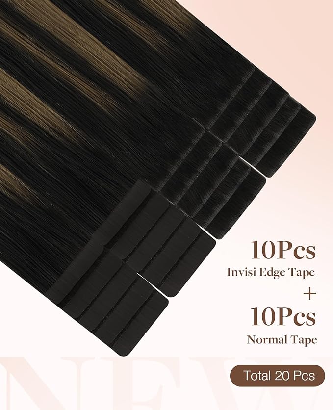 GOO GOO Invisi Edge Tape in Hair Extensions Human Hair, 1B/6/1B Balayage Natural Black to Chestnut Brown 10pcs injected with 10pcs classical tape ins, 14inch 50g, Virgin Remy Hair, Natural Look