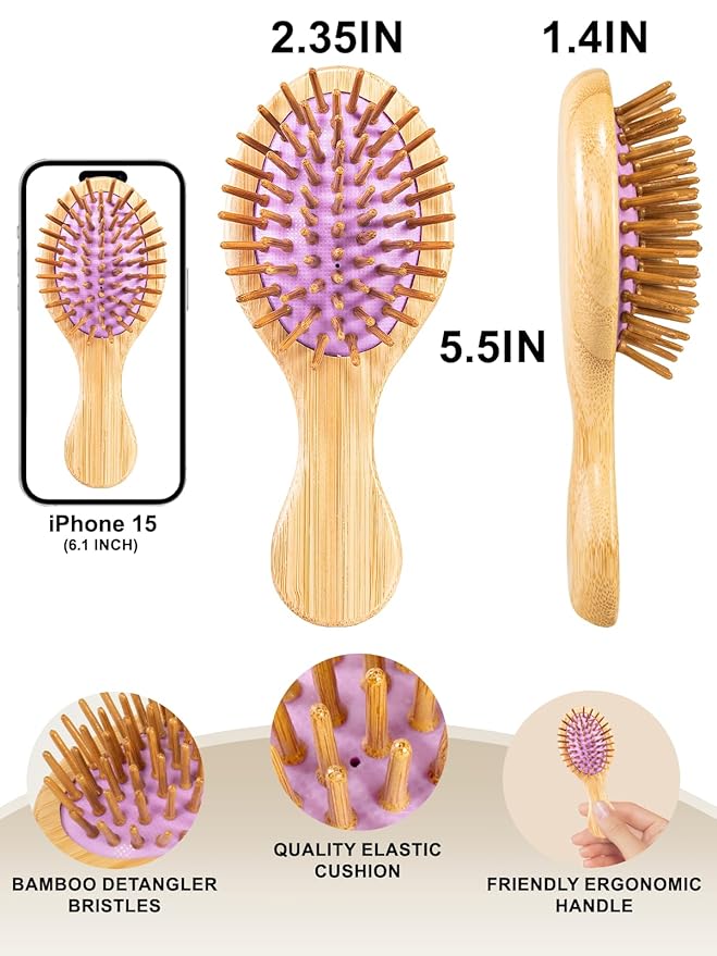 Mini Hair Brush, Sofmild Bamboo Detangling Travel Hair Brush for Women Girls Kids Wet Dry Curly All Hair Types, Mini Small Detangler Brush for Purse, Car, Travel Bag Essentials