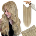 YoungSee 100G Hair Extensions Wire Highlight Invisible Wire Hair Extensions Real Human Hair Golden Blonde Highlighted Light Blonde Human Hair Fish Line Extensions for Natural Look 20In