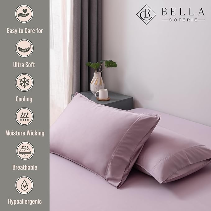 Bella Coterie | Luxury Bamboo Queen Size Pillowcase Set | 100% Organically Grown Bamboo Viscose | Ultra Soft | Cooling | 2 Pcs [Lilac]