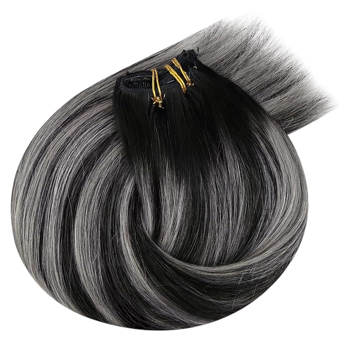 Ve Sunny Clip in Hair Extensions Black Hair Extensions Real Human Hair Silver Clip in Human Hair Extensions Balayage Human Hair Clip in Extensions Ombre Ease of Use 100g 7pcs 14inch