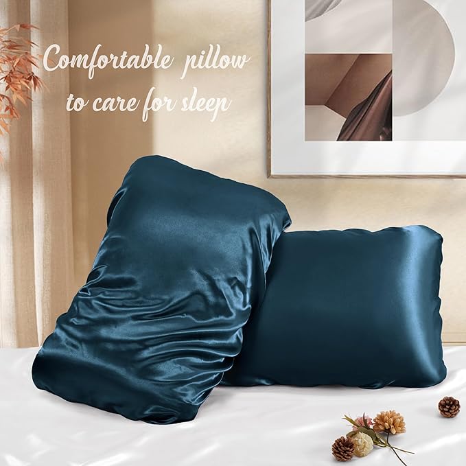 Manyshofu Satin Pillowcases for Hair Protection - 1Pcs Navy Blue Pillow Cases, Elastic Band Standard & Queen Satin Pillowcases Luxury Silky Pillow Cases Travel Pillow Covers