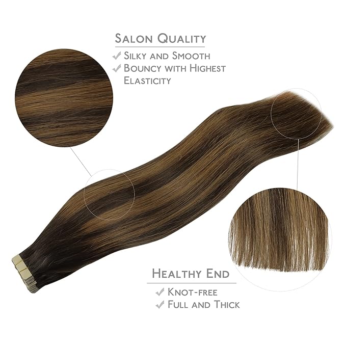 WENNALIFE Tape in Hair Extensions Human Hair, 20pcs 50g 20 inch Balayage Dark Brown Mixed Chestnut Brown Remy Hair Extensions Straight Human Hair Tape in Extensions Skin Weft Extensions