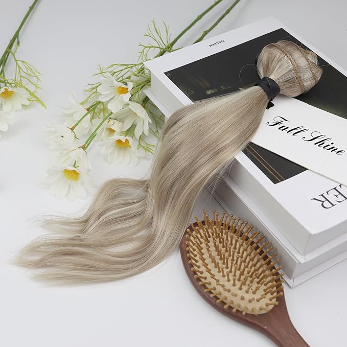 Full Shine Blonde Clip in Hair Extensions Highlights Light Blonde Real Human Hair 16 Inch Invisible Human Hair Clip ins for Women Natural Hair Add Volume 60 Grams 3Pcs