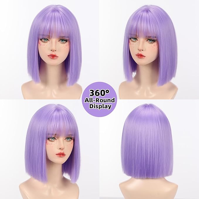 Allbell Light Purple Wigs for Women Short Bob with Bangs Heat Resistant Synthetic Hair 12 inch for Daily Party Halloween Costume Use