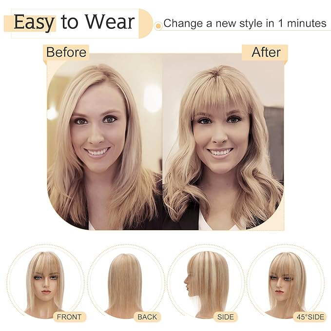 SEGO Hair Toppers for Women Real Human Hair With Bangs, 7 * 13CM Silk Base 100% Remy Human Hair Clip in Top Wiglet Hairpieces Add Volume /8 Inch /12P613 Golden Brown&Bleach Blonde