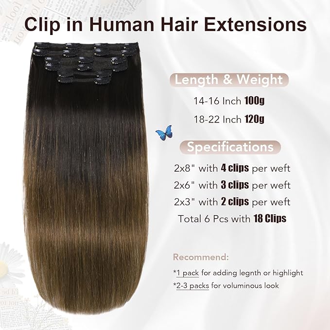 XDhair Clip in Hair Extensions Real Human Hair 100g 16 Inch 6Pcs Ombre Color Natural Black to Medium Brown Clip in Hair Extensions Natural Soft (#1BT4, 16 inch)