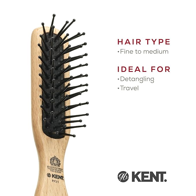 Kent PF21 Narrow Cushion Paddle Brush - Taming Fine Pins, Detangling Long, Thick and Curly Hair, Scalp Massager for Growth Stimulation on Wet or Dry Hair. Made in England