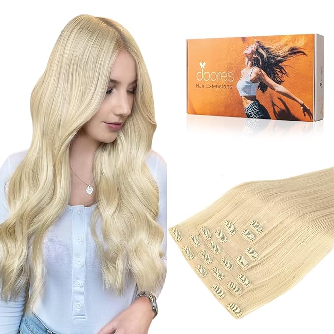 DOORES Real Human Hair Extensions, Bleach Blonde 130g 9pcs 14 Inch Seamless Clip-ins, Remy Invisi Edge Thick Straight Hair