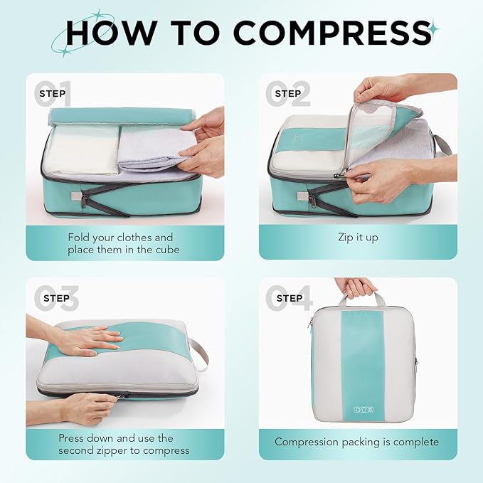 10 Set Compression Packing Cubes for Travel Essentials,Compressible Expandable Packing Cubes for Suitcase,OlarHike Luggage Organizer Bags for Travel,Handy Helper for Organizing Clothes(Cyan)