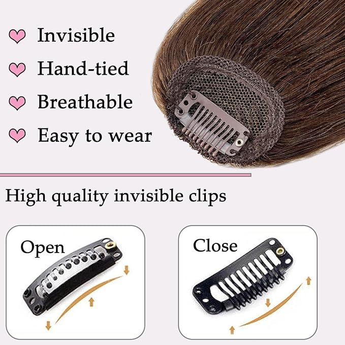 ORIGEN Clip in Bangs Real Human Hair Clip on Wispy Bangs Fringe with Temples Hairpieces Fake Front Bangs Extensions for Women Medium Brown Hair Color