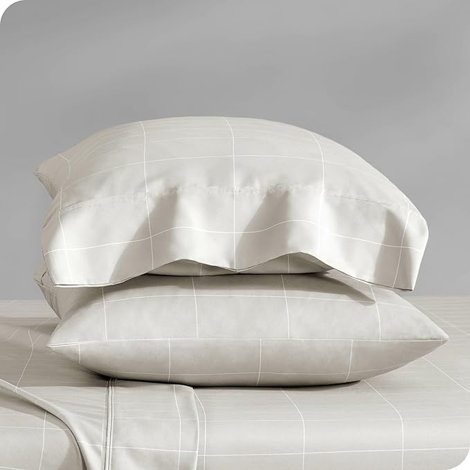 Bare Home Microfiber Pillow Cases - King Size Set of 2 - Cooling Pillowcases - Double Brushed - Pillowcases 2 Pack - Easy Care (King, Grid – Stone/White)