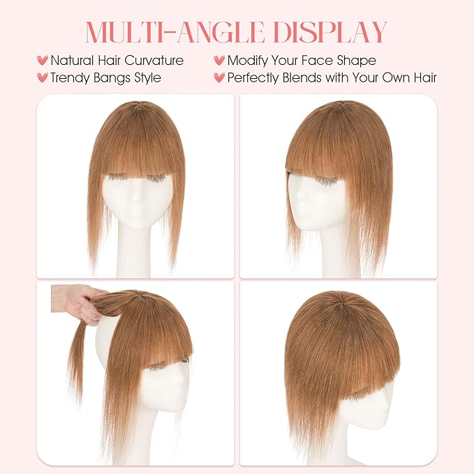 Hairro Mono Hair Toppers with Bangs, 3.4" x 3.4" Mono Base 100% Real Human Hairpieces for Women, 150% Density Clips In Topper for Greyish Thinning Hair, 10 Inch Blondish Brown