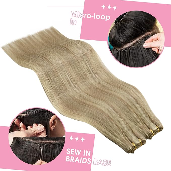 YoungSee Weft Hair Extensions Blonde Highlight Human Hair Extensions Sew in Dark Ash Blonde Highlighted Light Blonde Sew in Weft Hair Extensions Human Hair for Women 18Inch 100G