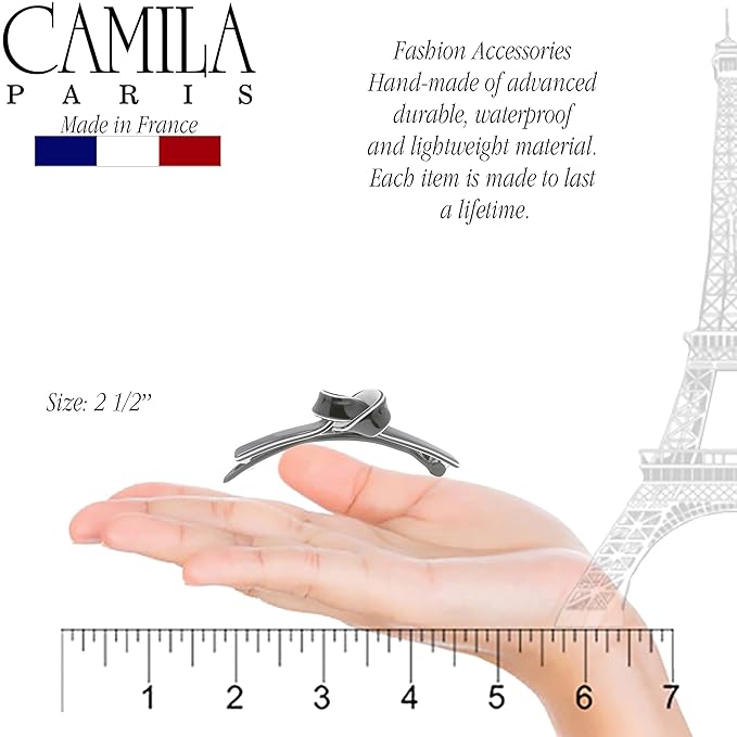 Camila Paris CP3359 French Hair Barrette Clip for Girls, Handmade, Gray/White, Metal-Free Closure Strong Hold Grip Hair Clips for Women, No Slip Durable Styling Girls Hair Accessories, Made in France