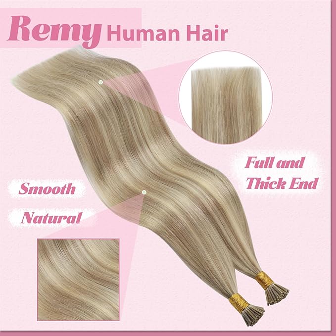 YoungSee I Tip Extensions Highlight Golden Blonde and Blonde Itip Human Hair Extensions Blond Itip Hair Extension Real Human Hair 16 Inch Keratin Tip Hair Extension Easy to Wear 80s 50g for Girls