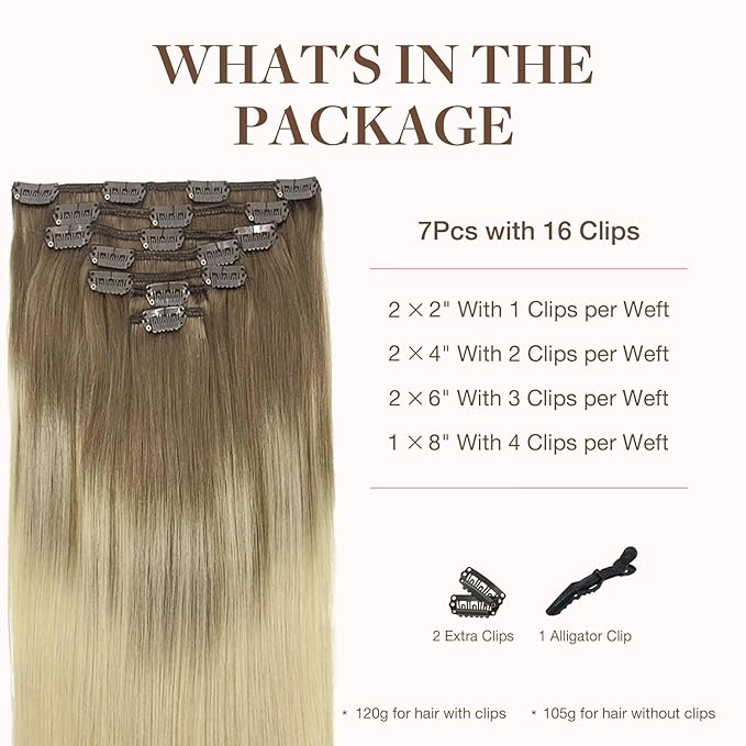 GOO GOO Clip in Hair Extensions Real Human Hair, Remy Human Hair Extensions Clip ins for Women, Natural Human Hair, 16inch 120g 7Pcs, 9/60 Balayage Ash Brown to Platinum Blonde