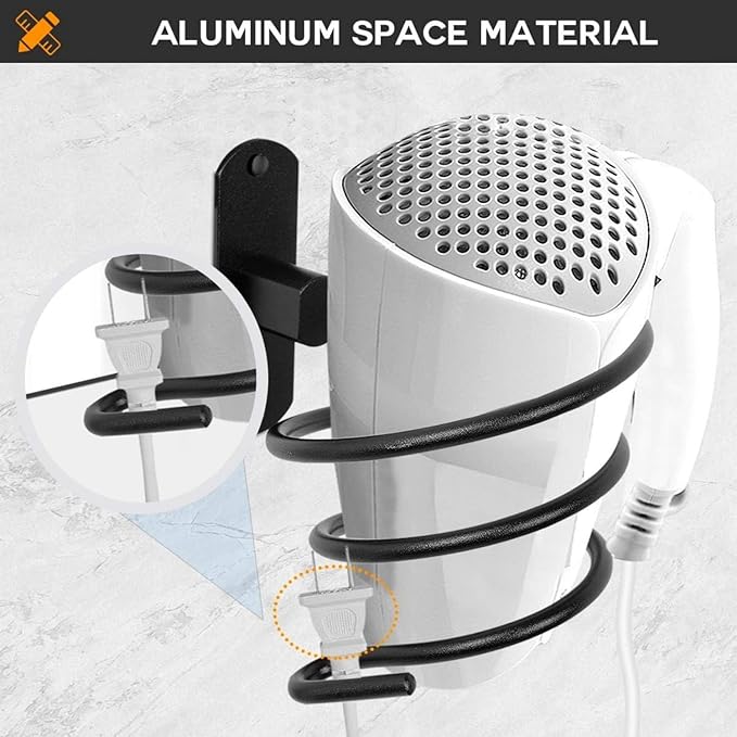 YWHWXB Hair Dryer Holder,Wall Mounted Spiral Hair Dryer Shelf,Bathroom Stainless Steel Hair Dryer Bracket,Self-Adhesive Hair Dryer Storage Rack (Black)