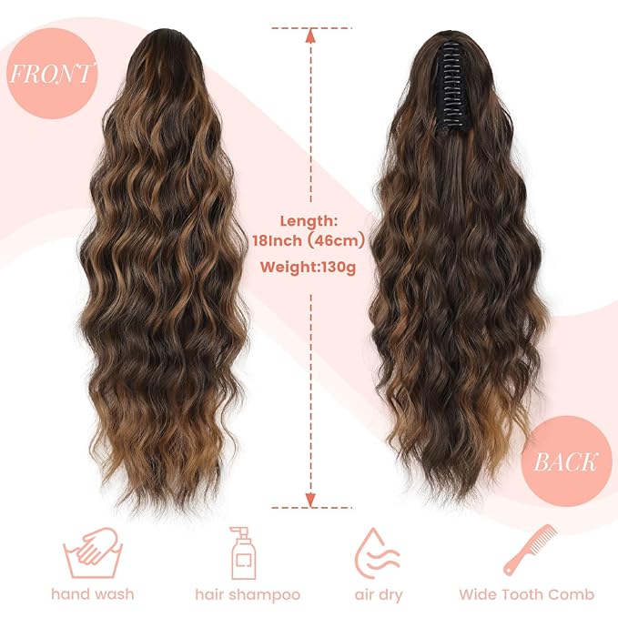 Claw Clip Ponytail Extension 18 Inch Curly Wavy Ponytail Extension Jaw Clip on Pony Tails Hairpiece for Women Fluffy Natural Synthetic for Daily Use (Dark Brown with Auburn Blonde)