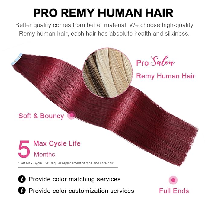 SUYYA Tape in Hair Extensions Burgundy 100% Real Human Hair 12 inches 20pcs 40g/pack Straight Seamless Skin Weft Wine Red Tape Hair Extensions(12 inches#Burgundy)