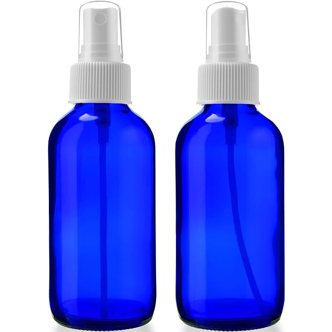 Sally's Organics Empty Blue Glass Small Portable Atomizer Spritzer, 2 Pack (4oz)